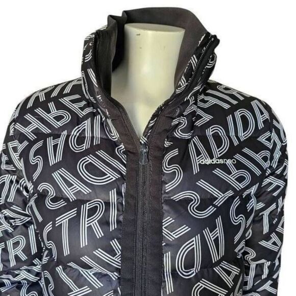 Adidas Neo Women’s M Grey Duck Down Puffer Jacket Coat Logo Print Hooded Warm - Picture 2 of 8